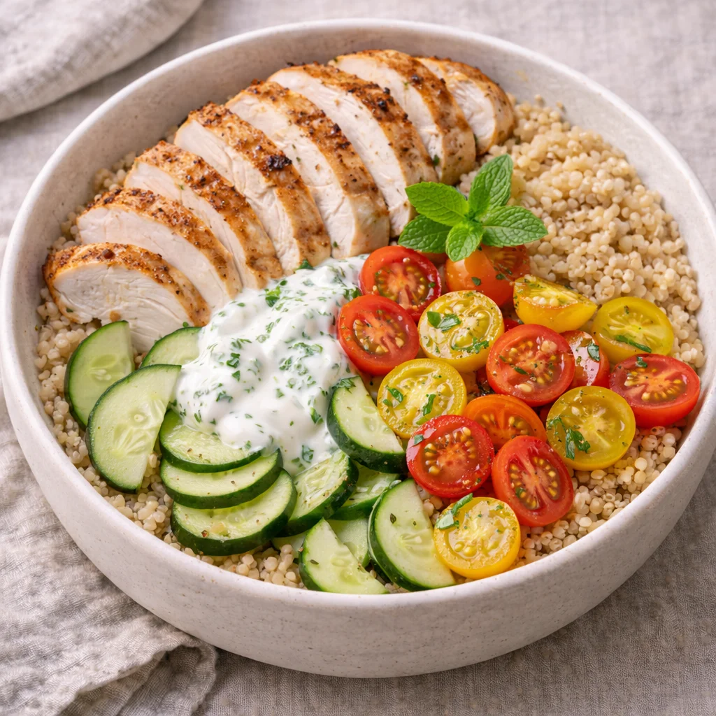 Bowl quinoa, poulet r&ocirc;ti et l&eacute;gumes de saison